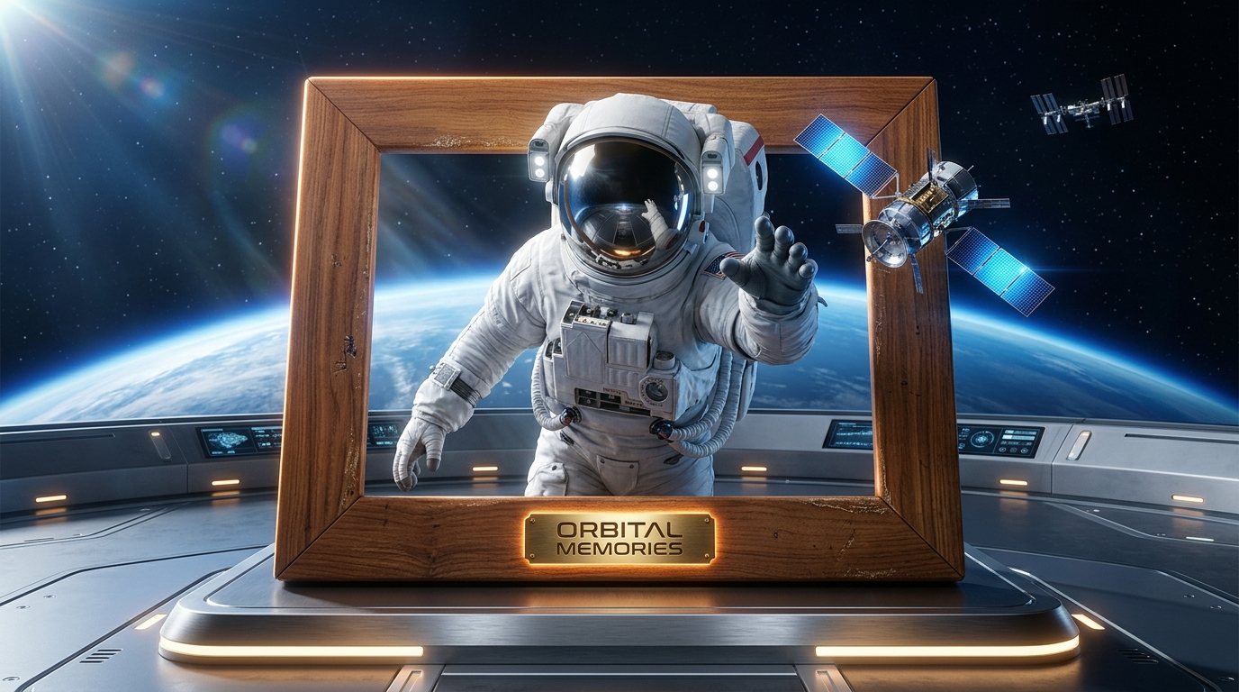 Orbital Memories key art: an astronaut reaching out through a wooden frame above Earth, with a satellite and a space station in the distance
