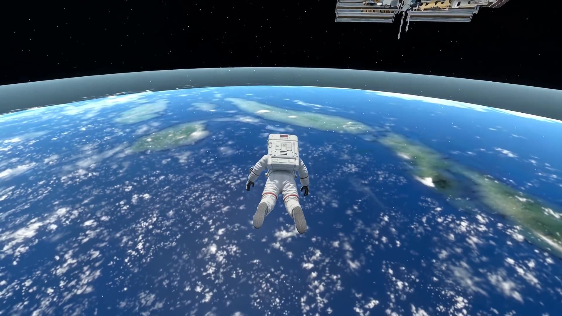 An astronaut outside the spacecraft above the blue curve of Earth.
