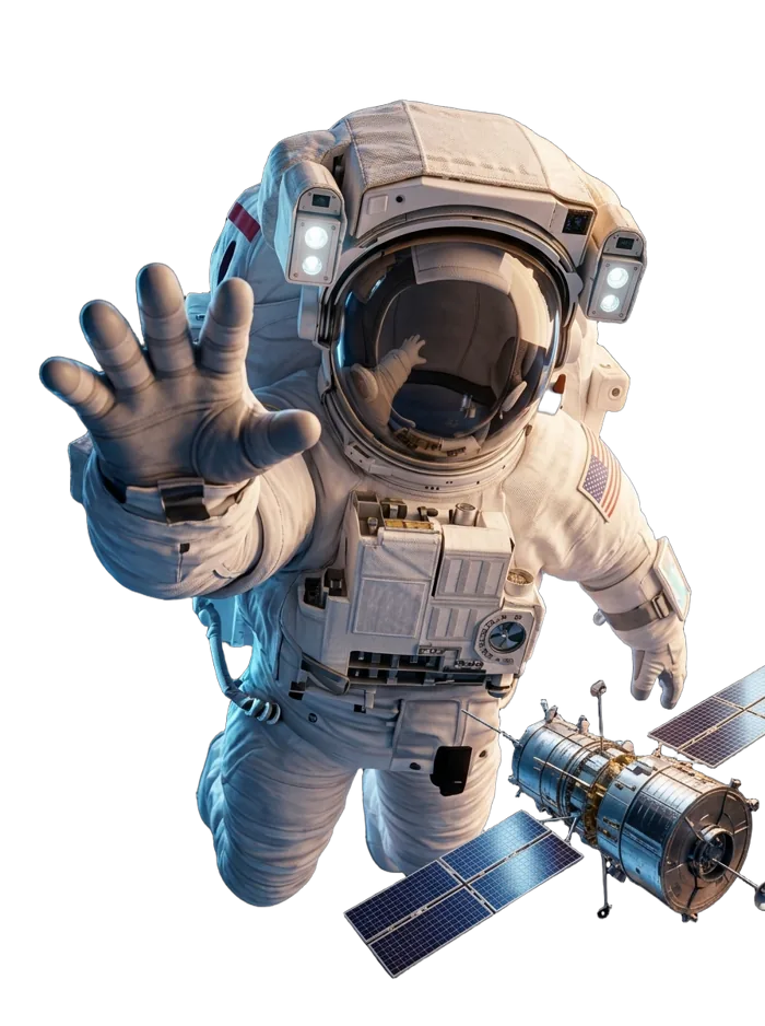 The reaching astronaut used in the personalized postcard, with a satellite beside the suit.