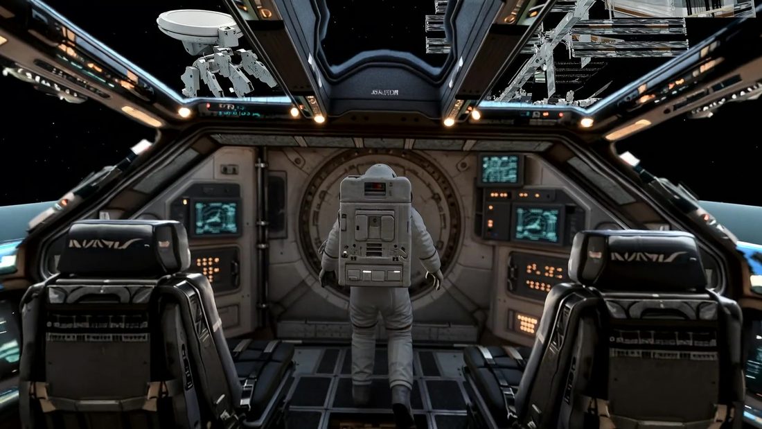 The spacecraft cabin, with two pilot seats and the round hatch ahead