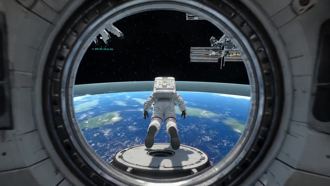 An astronaut floating out through the round hatch toward Earth