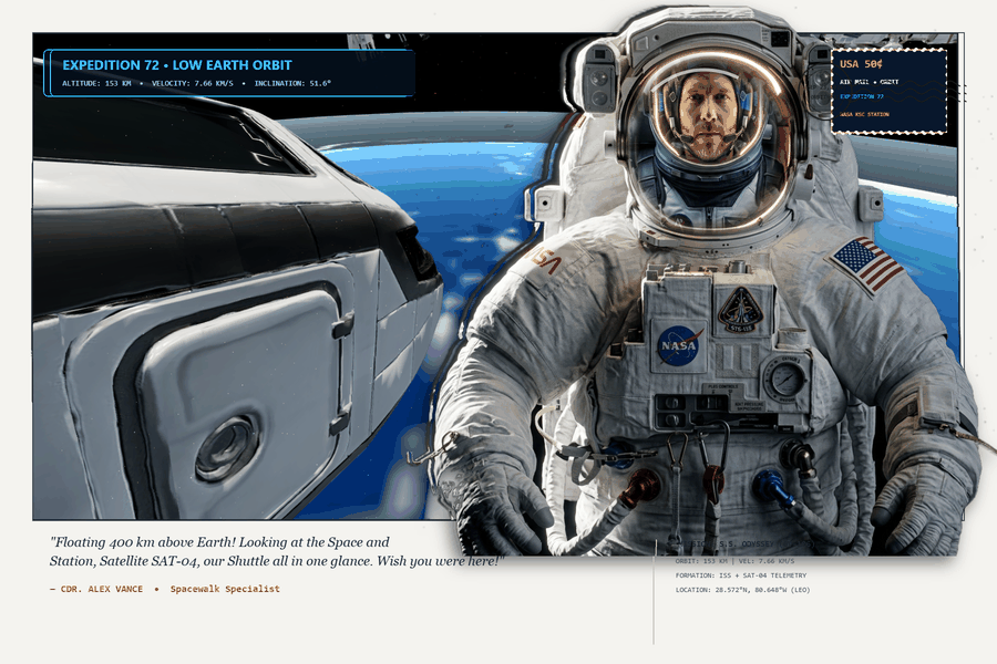 An example postcard: a face inside an astronaut's helmet, floating above Earth beside a spacecraft, with a handwritten message underneath